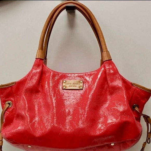 Kate Spade Cherry Red Textured patent leather shoulder bag, purse, cognac - Picture 1 of 11